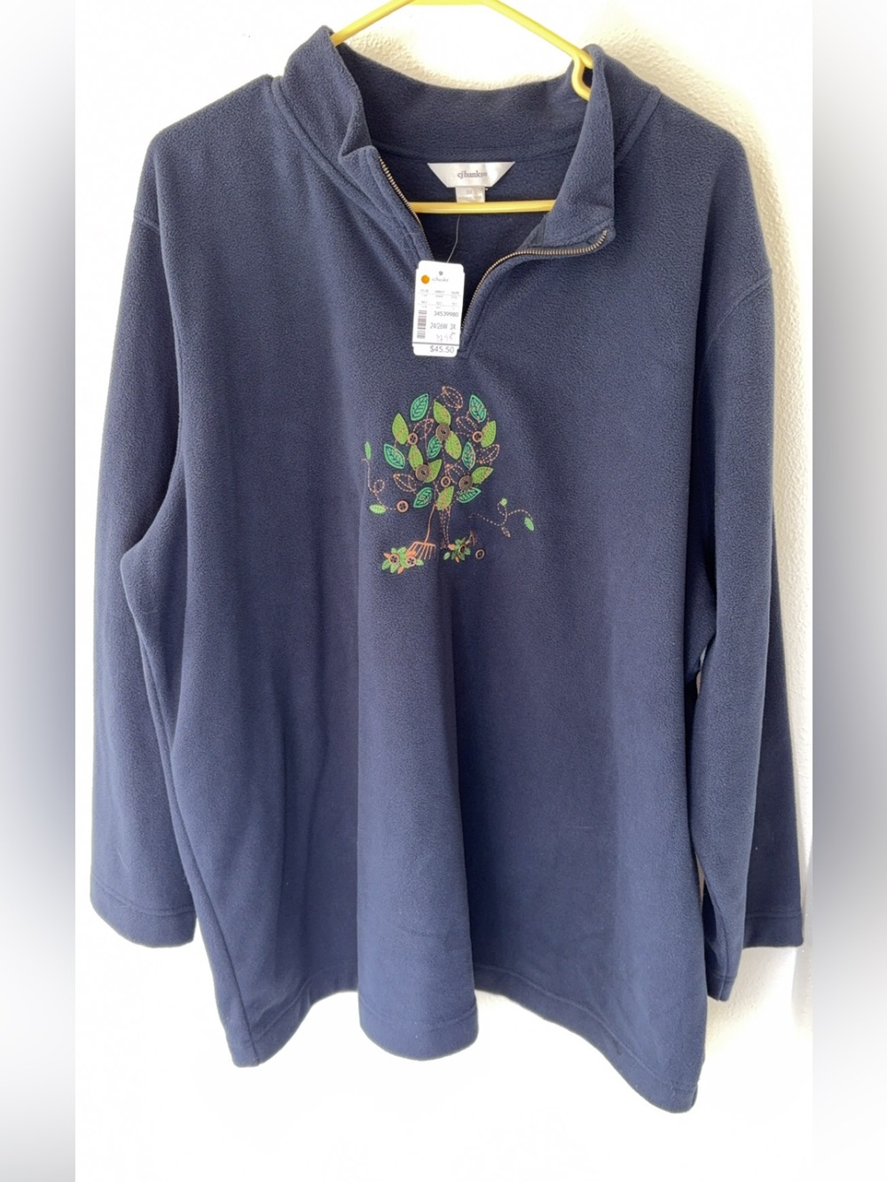 CJ Banks Navy Half-Zip Fleece Sweater with Embroidered Tree - 3X